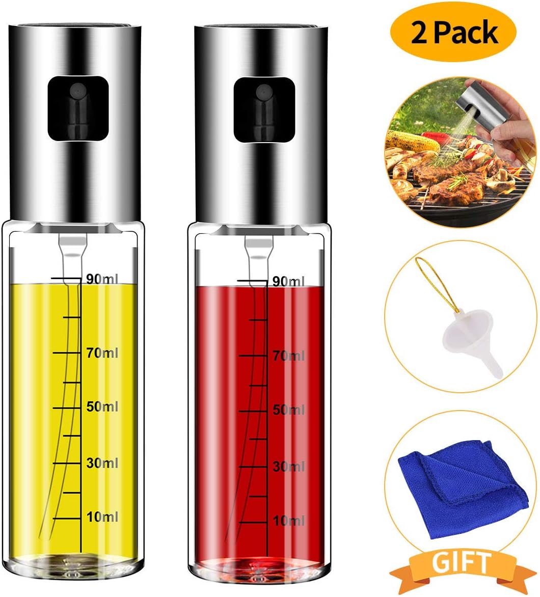 Oil Sprayer for Cooking,Oil and Vinegar Dispenser Set With Glass Bottle and Stainless Steel,Olive Oil Soy Sauce dispenser Pump Sprayer for Kitchen, Air Fryer,BBQ,Making Salad,Baking (2 Pack)