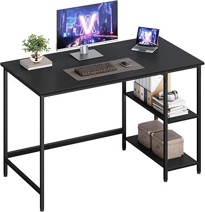 VASAGLE Computer Desk 120x60 cm with Left or Right Shelves Ebony Black LWD047B16