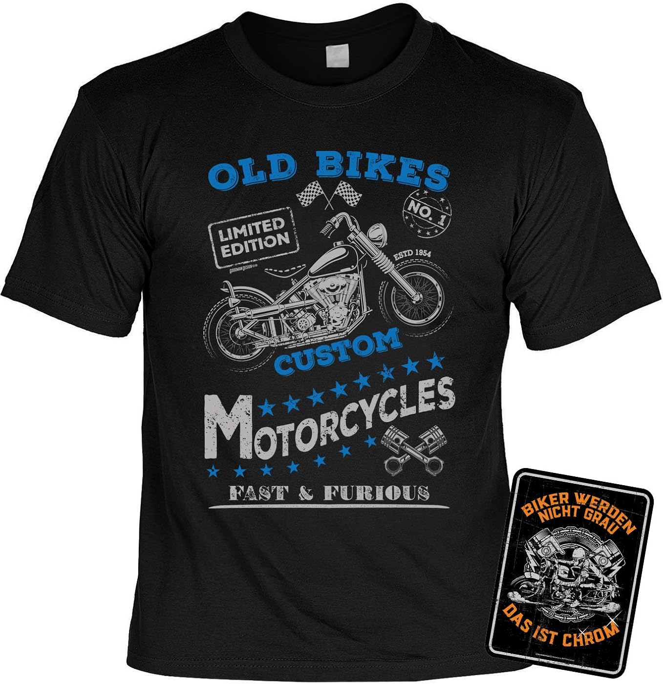 Biker GeschenkSet Motorrad SprücheShirt + Biker Blechschild Old