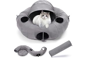 OUHOU Cat Tunnel Bed, Cat Tunnels for Indoor Cats with 4 Hanging Balls, 6 Peepholes, Awning and Central Mat, Cat Donut Tunnel for Multiple Cats - Grey