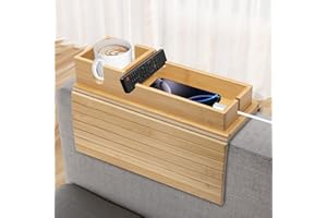 Bamboo Sofa Armrest Tray - Couch Arm Tray with Detachable Couch Cup Holder - 2 in 1 Anti-Slip Foldable Sofa Armchair Caddy Ta