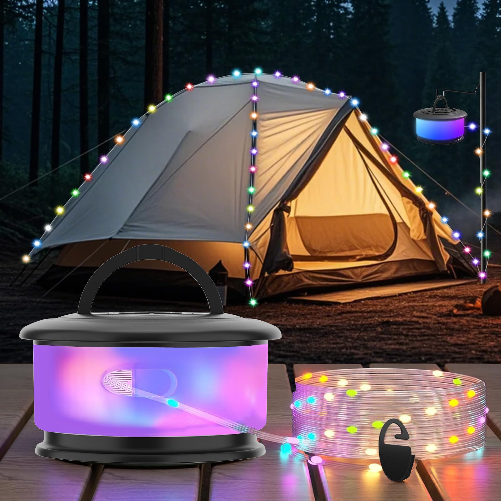Camping String Lights, Retractable String Lights for Camping, 19 Lighting Modes, Outdoor Rechargeable Tent Lights, 32.8 FT Portable String Lights for Outdoor, Indoor, Garden, Patio(Black)