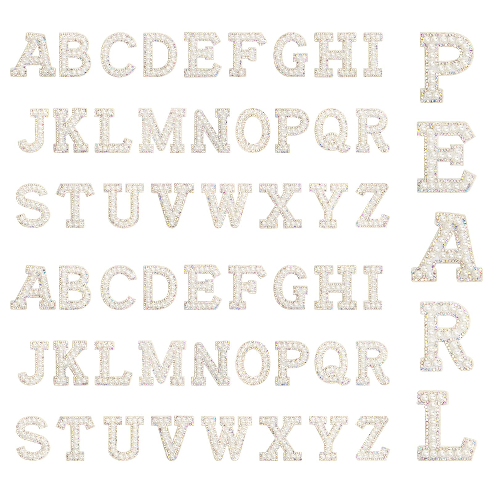 Photo 1 of 52 Pcs Pearl Iron On Letters, AngleKai White Pearl Rhinestone Letters Patches A-Z English Pearl Iron on Letter Patches Alphabet Glitter Applique Pearl Letter Patch for Craft DIY Hats Clothing(White)