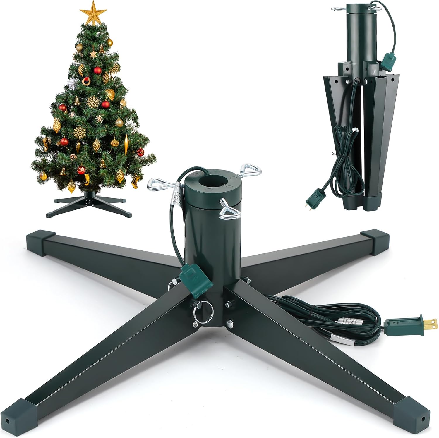 Tree Stands - Sliner 360 Degree Rotating Christmas Tree Stand for up to 7.87 ft Artificial Tree Metal Artificial Christmas Tree Stand Green Christmas Tree Spinner Stand Xmas Tree Base with a Built Electrical Outlet