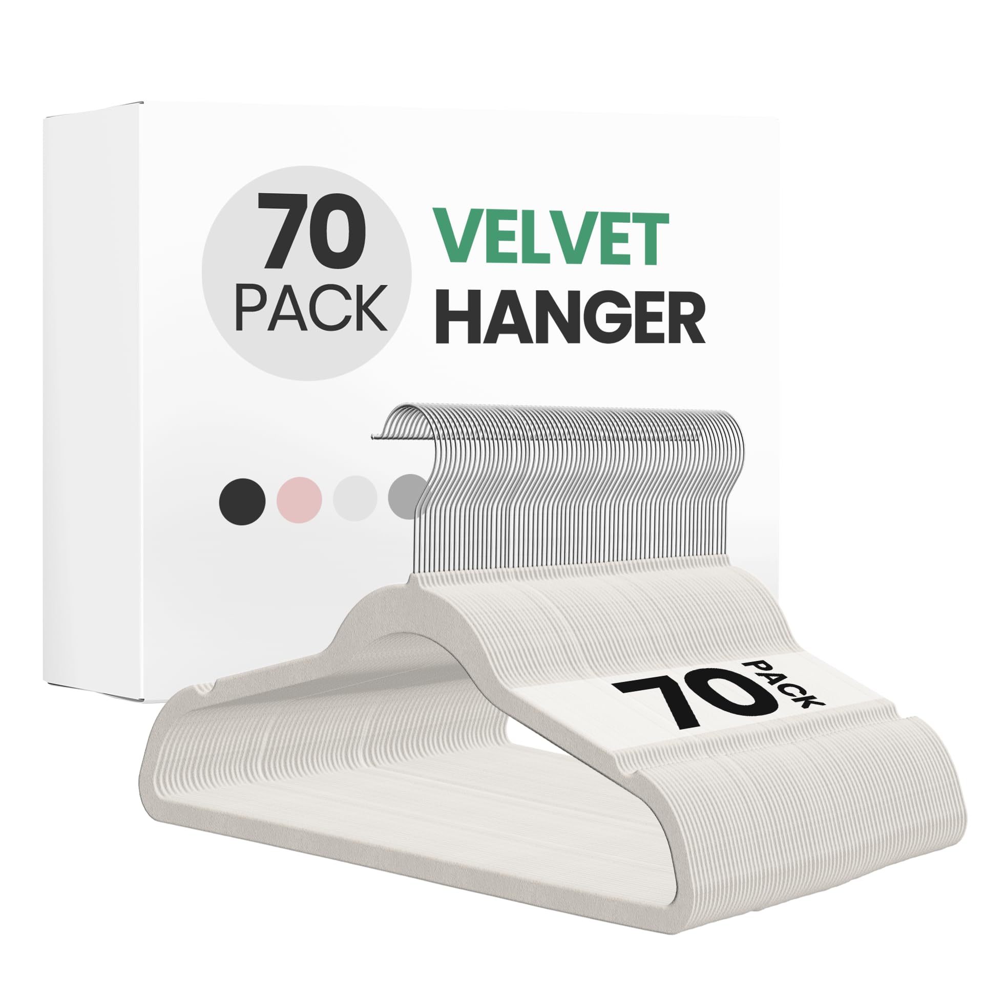 Photo 1 of InfiniPower 70 Pack Velvet Hangers, Heavy Duty Clothes Hangers for Coat, Pants & Dress, Non-Slip Hanger Set with Shoulder Notches, 360° Swivel Hook, Space Saving Felt Hangers, White