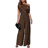 YMDUCH Women's Casual Off Shoulder Short Sleeve Wide Leg Long Pant Elegant Sparkly Party Jumpsuit