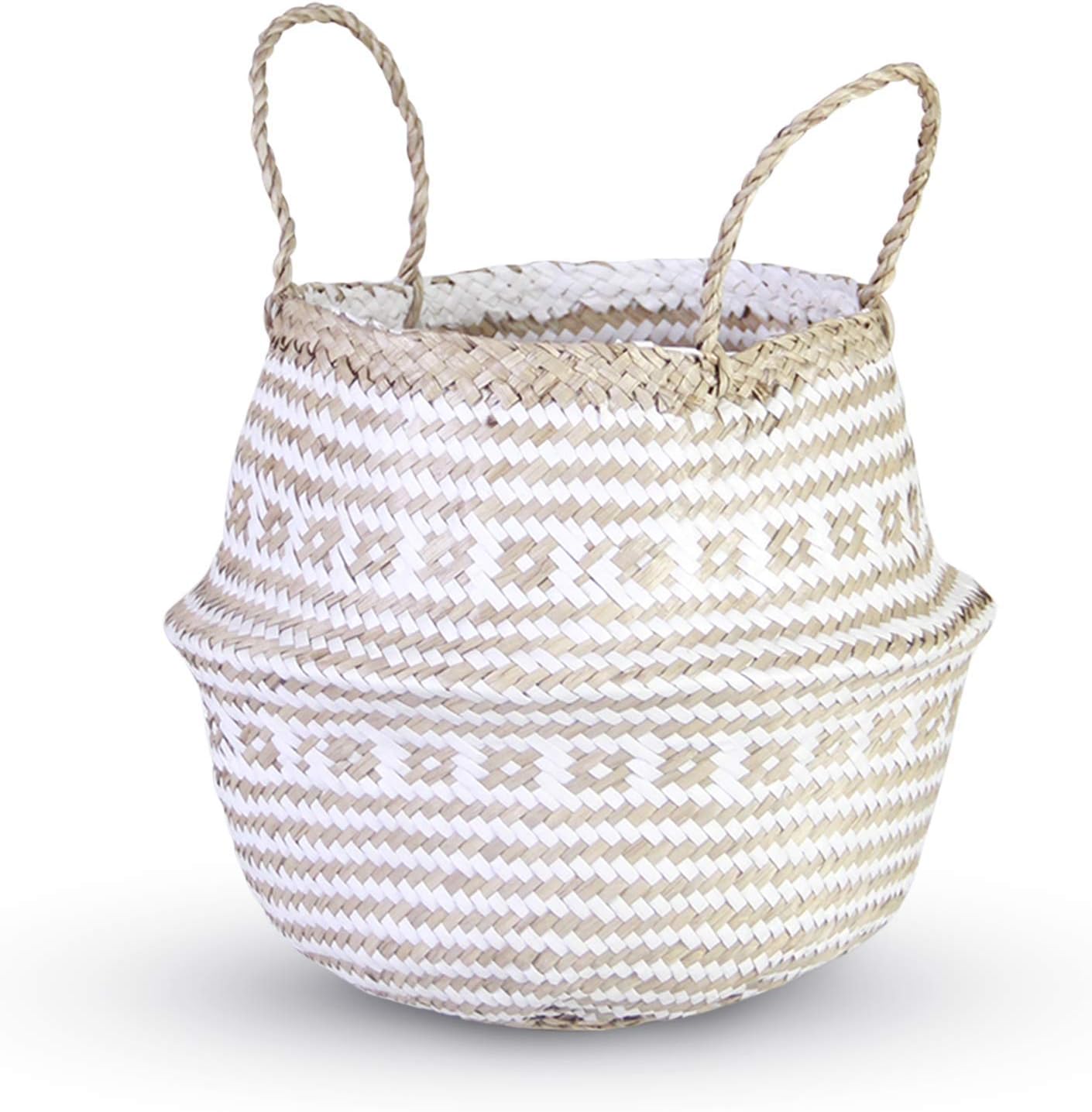 HandyMake Seagrass Belly Basket – 10 Basket Planter Styles in Small, Medium or Large for Home Décor, Laundry, Storage, Toy Organizer, Picnic, Nursery Hamper Use (Seagrass Cross Plush White, Small)