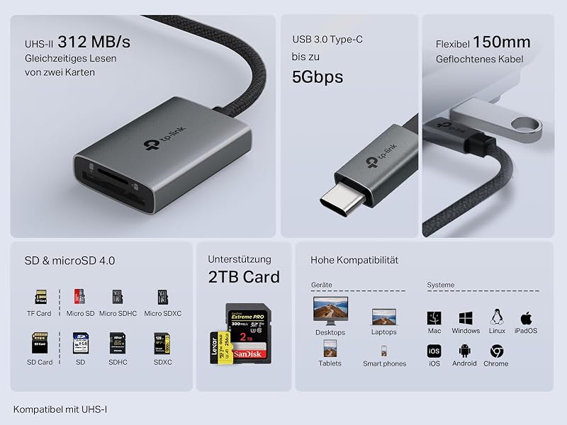 UA440C USB Type-C auf SD-Kartenleser, Plug und Play, 3 × Schnellere Datenübertragung, Unterstützt Speicherkarten bis zu 2 TB, Kompatibel mit Mac, Windows, iPadOS, iOS, Android und Linux