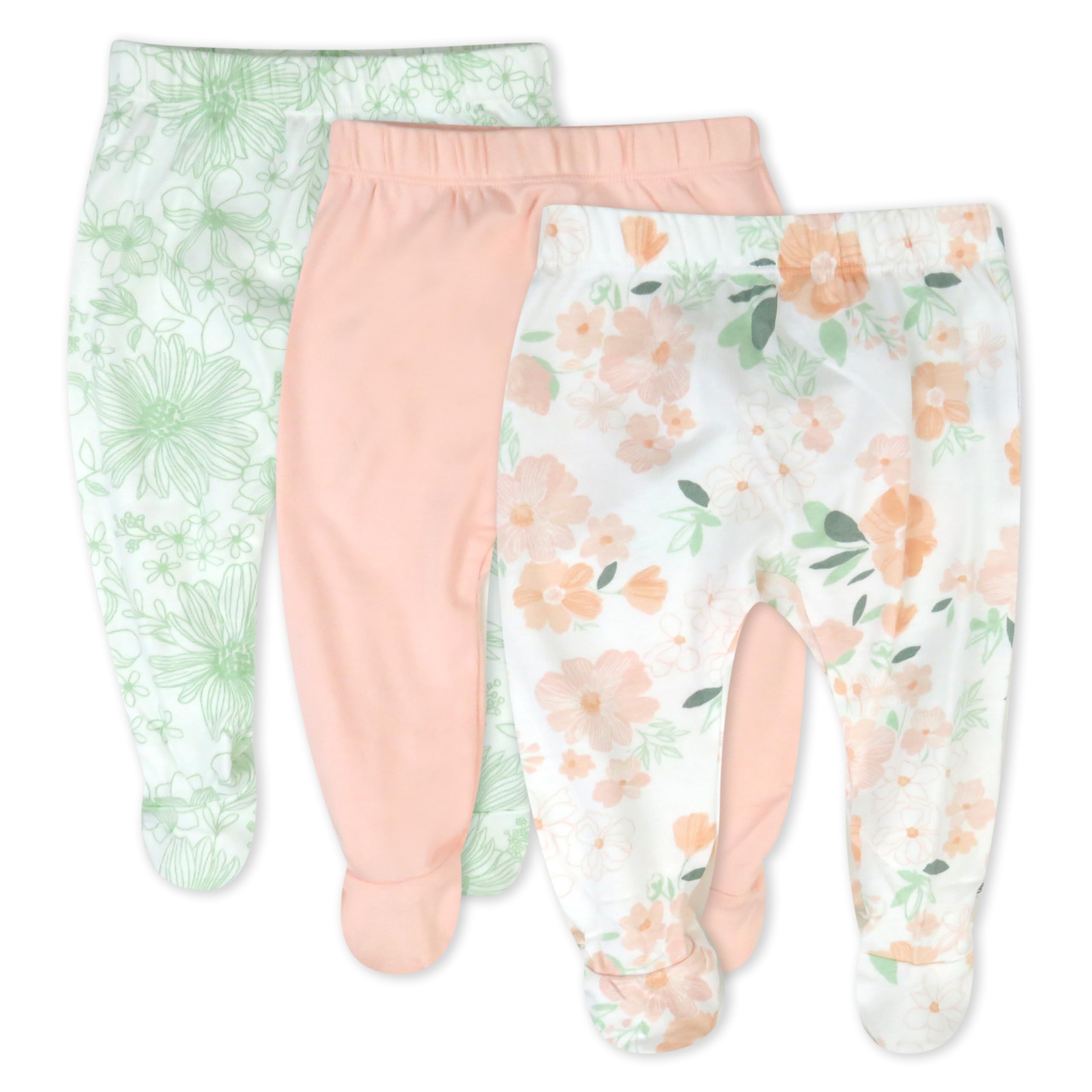HonestBaby 3-Pack Footed Pants Roomy Fit Pull on Bottoms 100% Organic Cotton for Infant Baby Boys, Girls, Unisex, Peach Blossom Floral, 6-9 Months Image