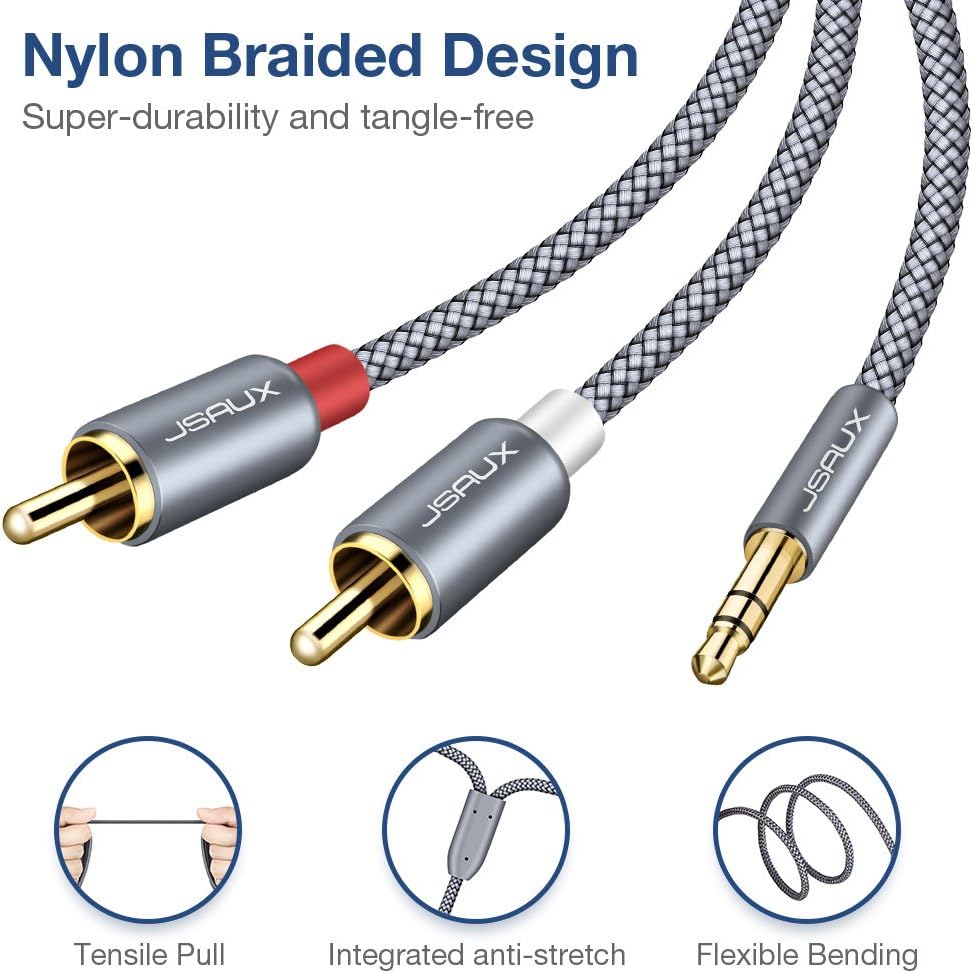 JSAUX RCA Cable, [6.6ft/2M, Dual Shielded Gold-Plated] 3.5mm Male to 2RCA Male Stereo Audio Adapter Coaxial Cable Nylon Braided AUX RCA Y Cord for Smartphones, MP3, Tablets, Speakers, HDTV [Grey]: Industrial & Scientific