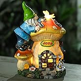 Ovewios Garden Gnome Statue - Solar Powered Gnome Lights Decoration Outdoor Figurines for Yard with Gnome Building Mushroom House, Lawn Ornaments for Porch Balcony Patio Decor, Gifts for Mom Grandma