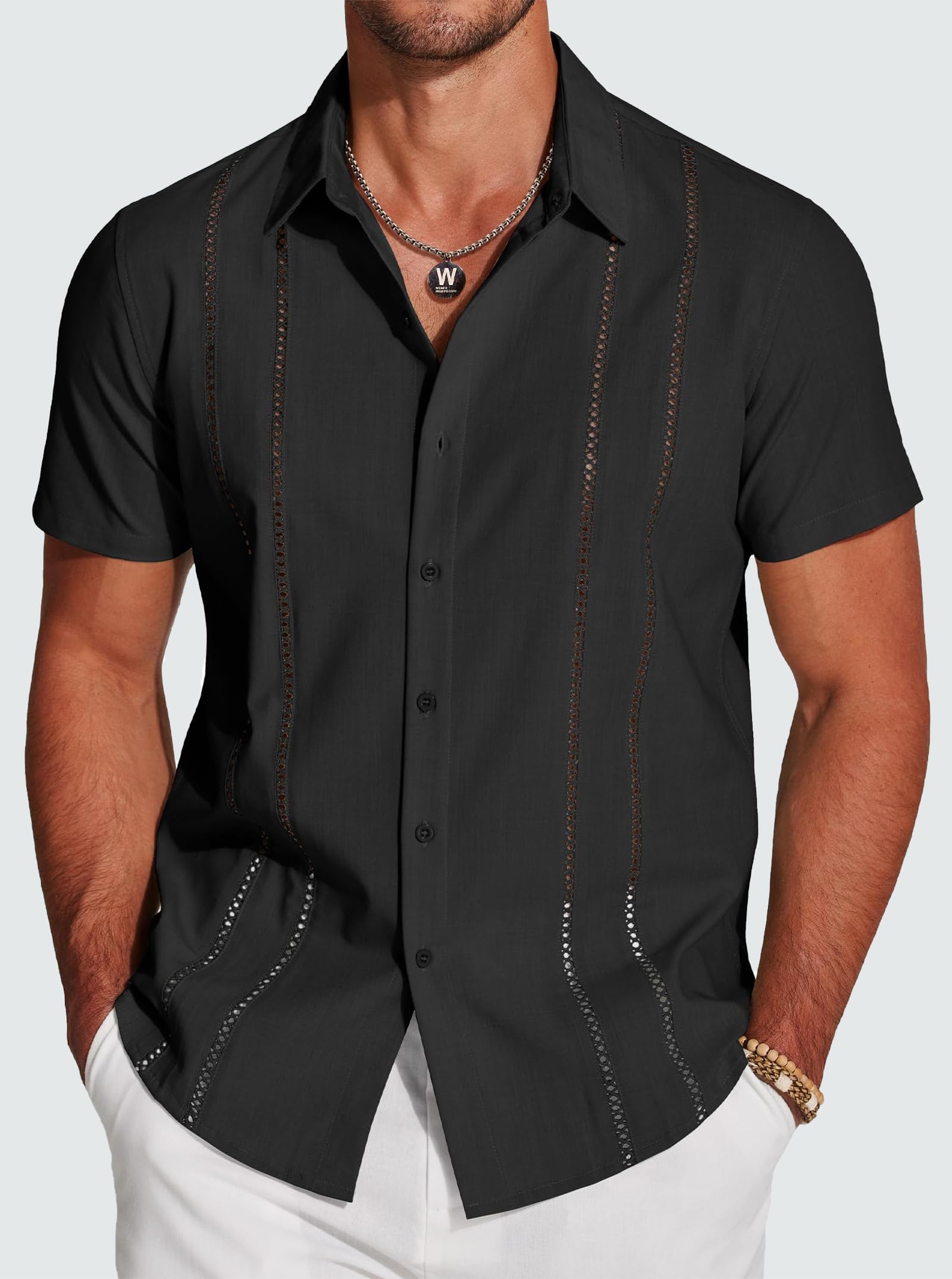 Photo 1 of (2XL) Men's Short Sleeve Button Down Blouse Shirt Summer Casual Work Top Black A XX-Large