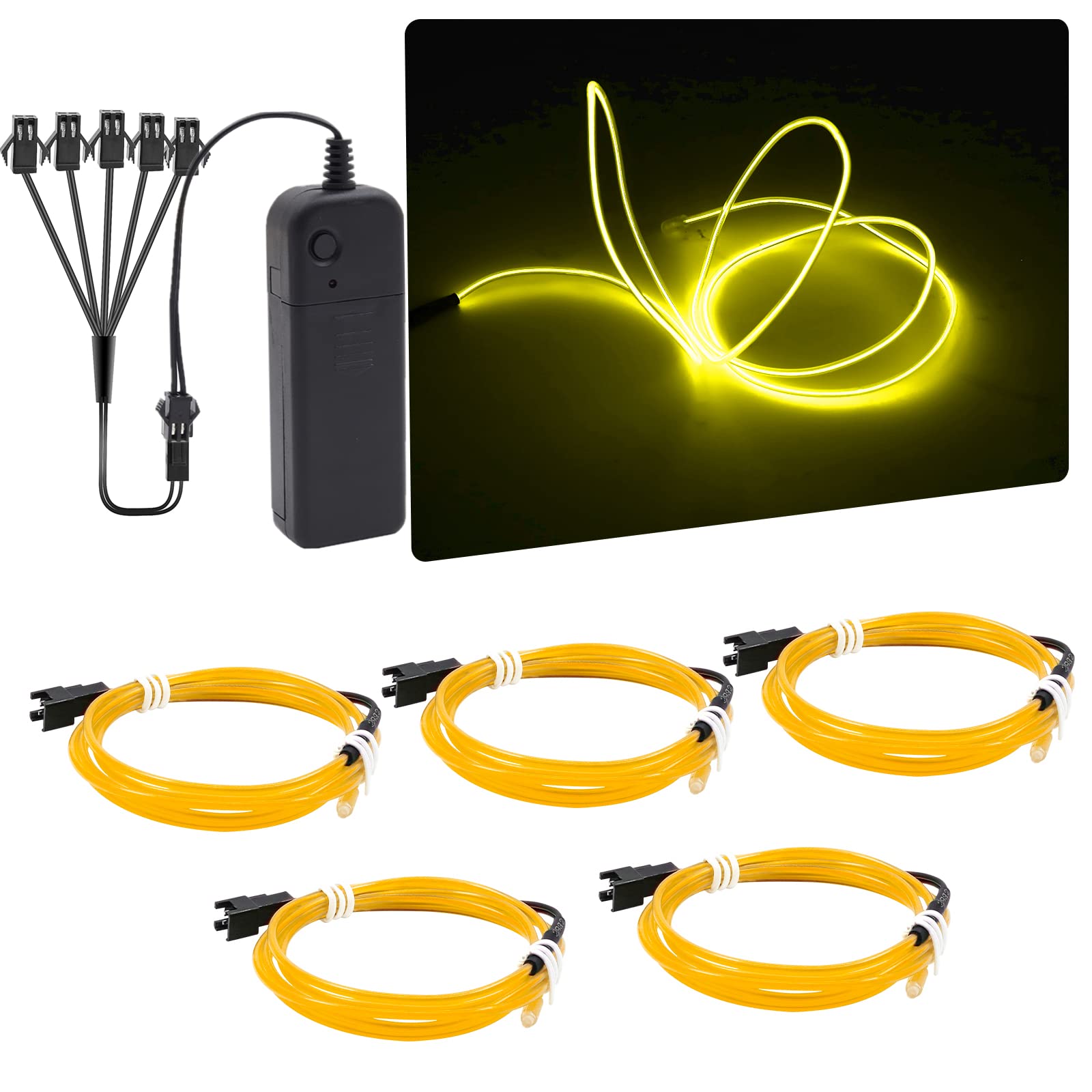 EL Wire Neon Lights, 5 In 1(3.28Ft Each) Electroluminescent EL Wires Set for Holiday, Party, DIY Decoration, Warning Sign, Yellow(3 Operation Modes)