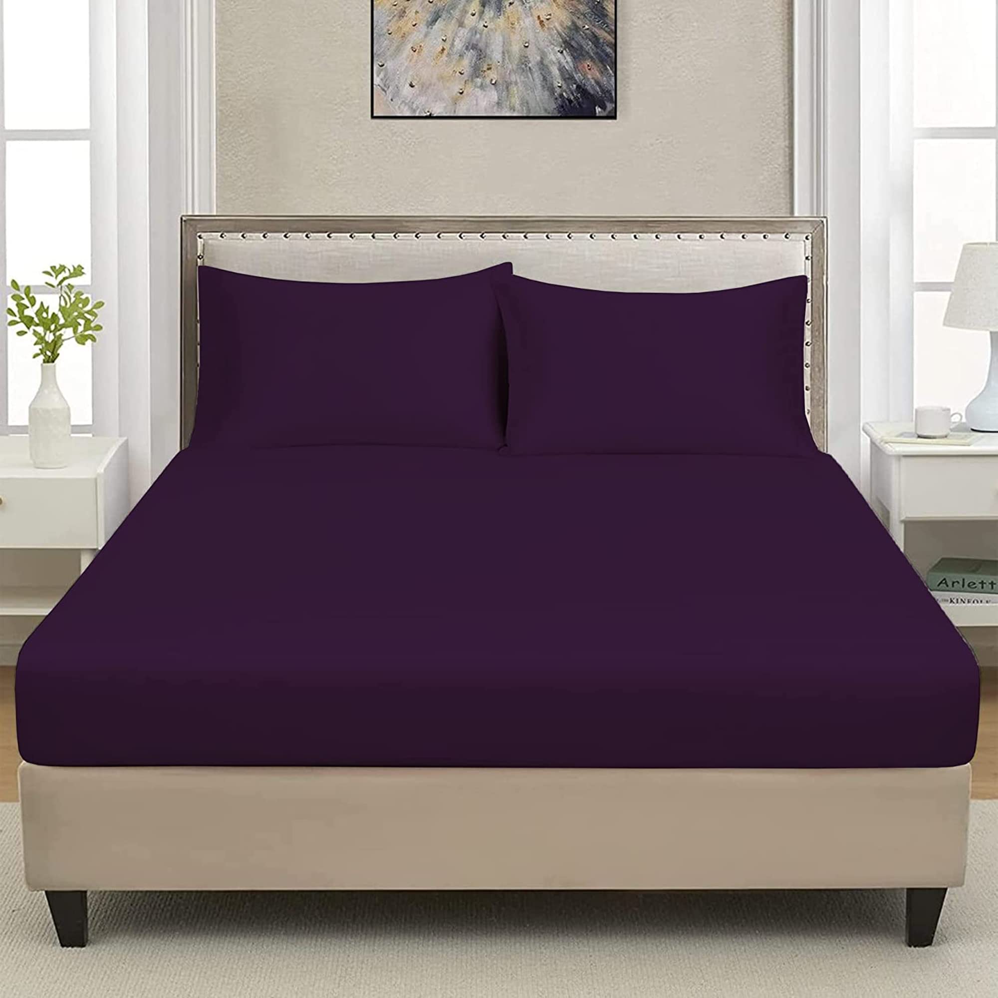 Extra Deep Luxuary Fitted Sheet 25cm Mattress Sheets 50% Cotton 50% Polyester By JRI® (Single, Plum) — image 1