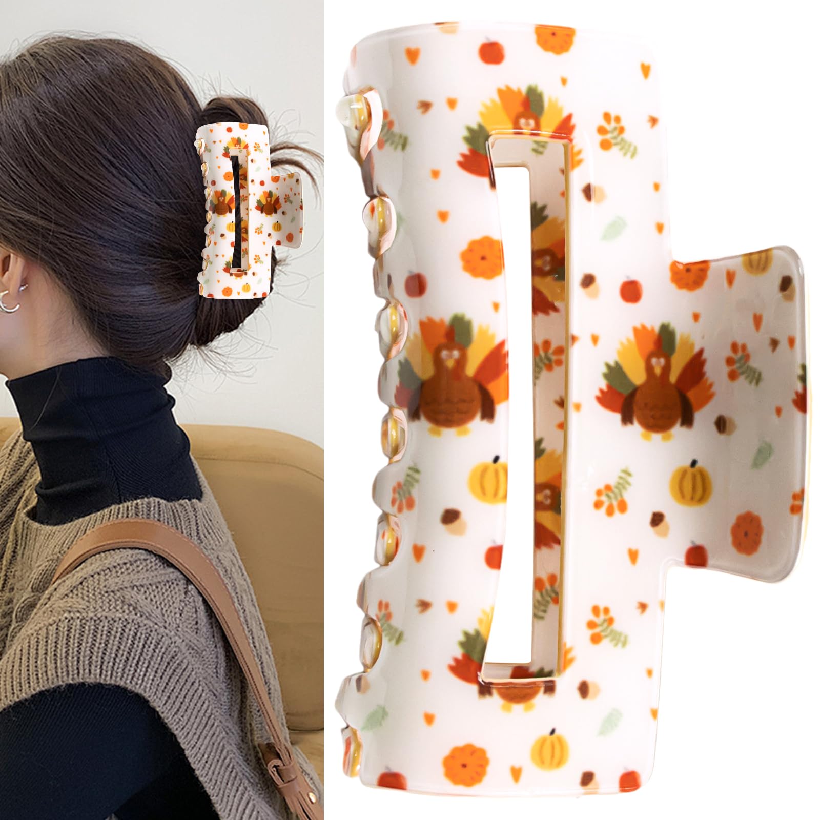 Photo 1 of Autumn Maple Leaf Hiar Clip Pumpkin Thanksgiving Turkey Hair Claw Clip Strong Hold Hair Barrette Clips for Women Fall Hair Accessories for Thick and Thin (Style 2)