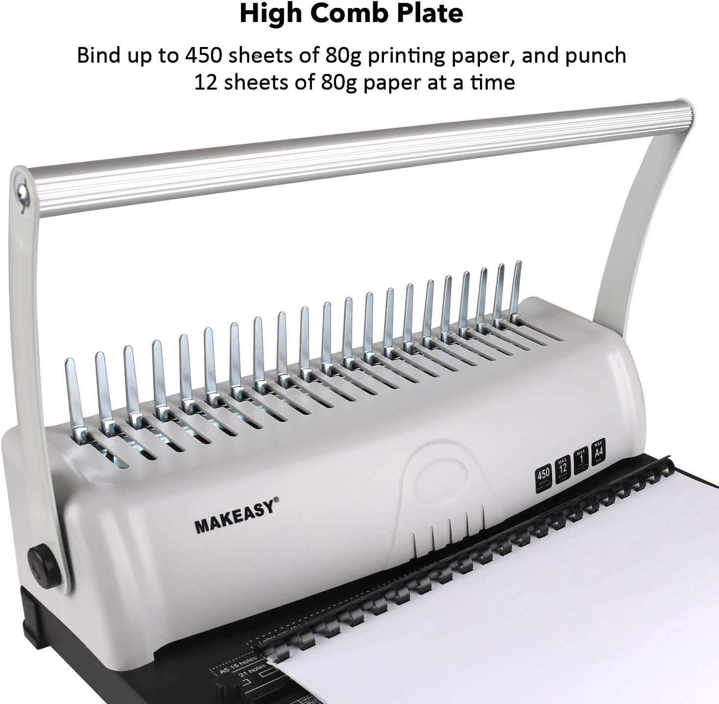 MAKEASY Binding Machine, 21-Hole, 450 Sheet, Paper Punch Binder with Starter Kit 100 PCS 3/8'' PVC Comb Bindings, Comb Binding Machine for A4 / A5 : Office Products