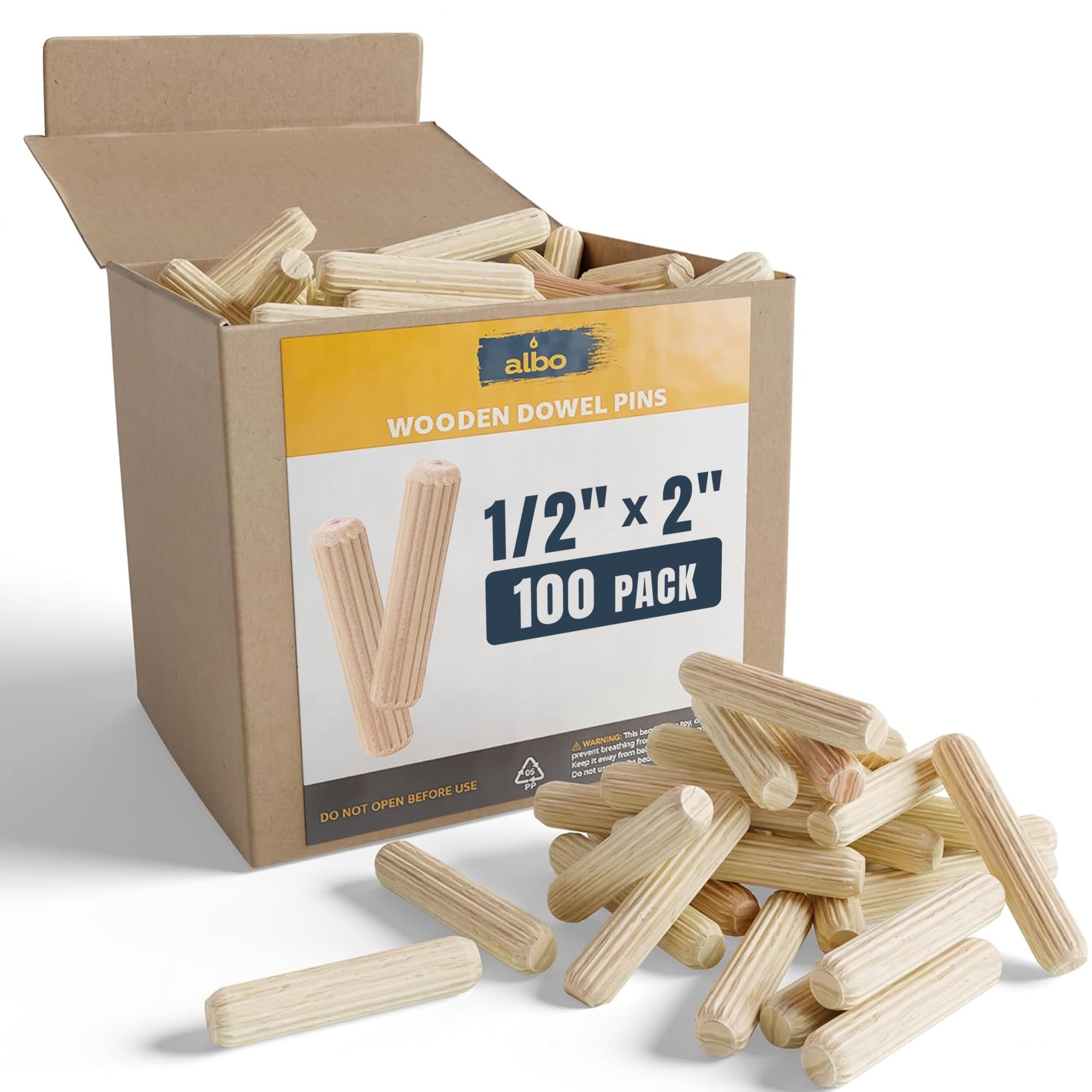 ALBO Wooden Dowel Pins 1/2 x 2 inch Fluted Wood