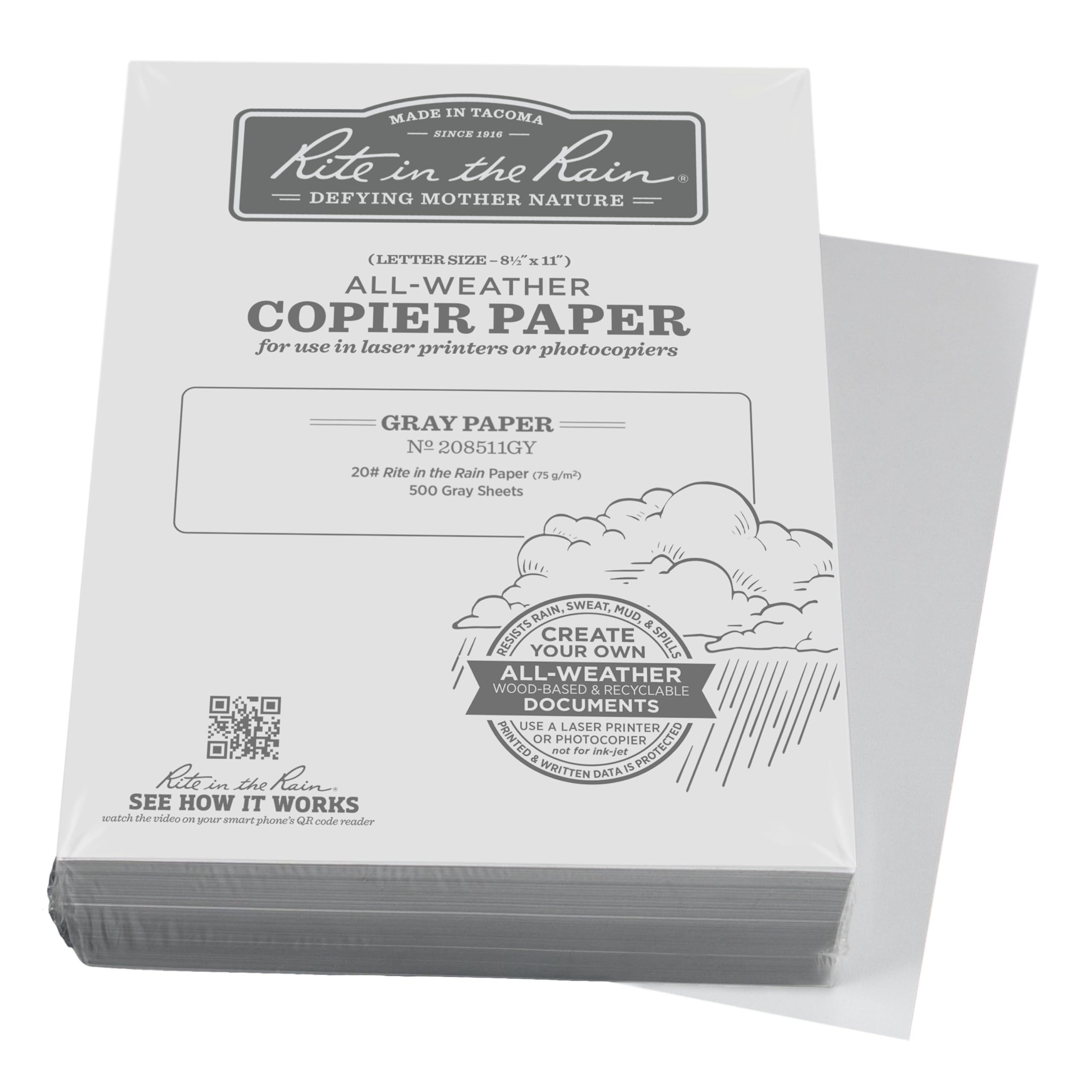 Rite in the Rain Weatherproof Bulk Copier Paper, 8.5" x 11", 20# Gray, 500 Sheet Pack (No. 208511GY)
