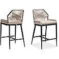 PURPLE LEAF Counter Height Bar Stools Set of 2 Rattan Wicker Outdoor Metal Boho Barstools with Back and Footrest Patio Garden Balcony Pool Bar Chairs