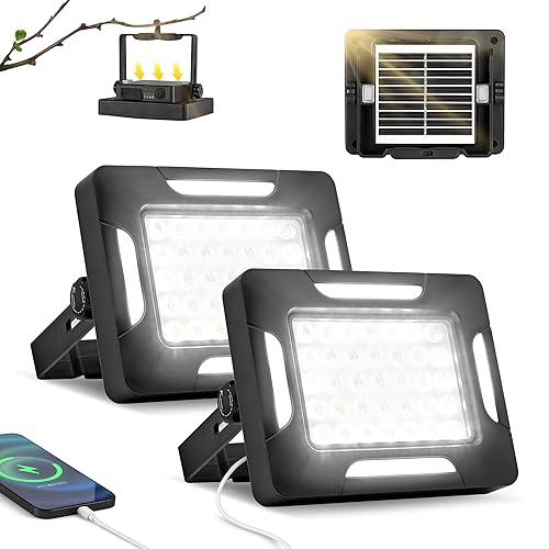 LED Solar Portable Camping Lights with Stand dimmable, 2000LM, Solar Rechargeable Work Lights with Magnetic，IP67 Waterproof, 5 Light Modes Portable Flood Light, Camping Lantern for Indoor Outdoor