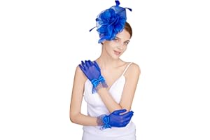 CAIYILA Fascinators Hat Flower Mesh Feathers Headband Derby Hat Clip Tea Party Headwear and Lace Gloves with Bows for Women