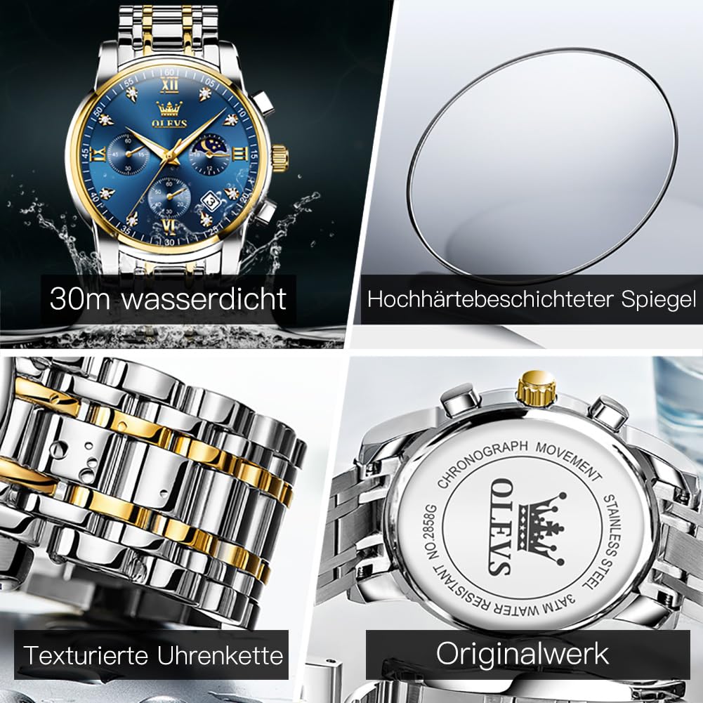 OLEVS Herrenuhren Blau Edelstahlarmband Quarz Uhr Männer mit Diamant Datum Wasserdicht Leuchtende Klassische Elegantes Armbanduhr Geschenk 5