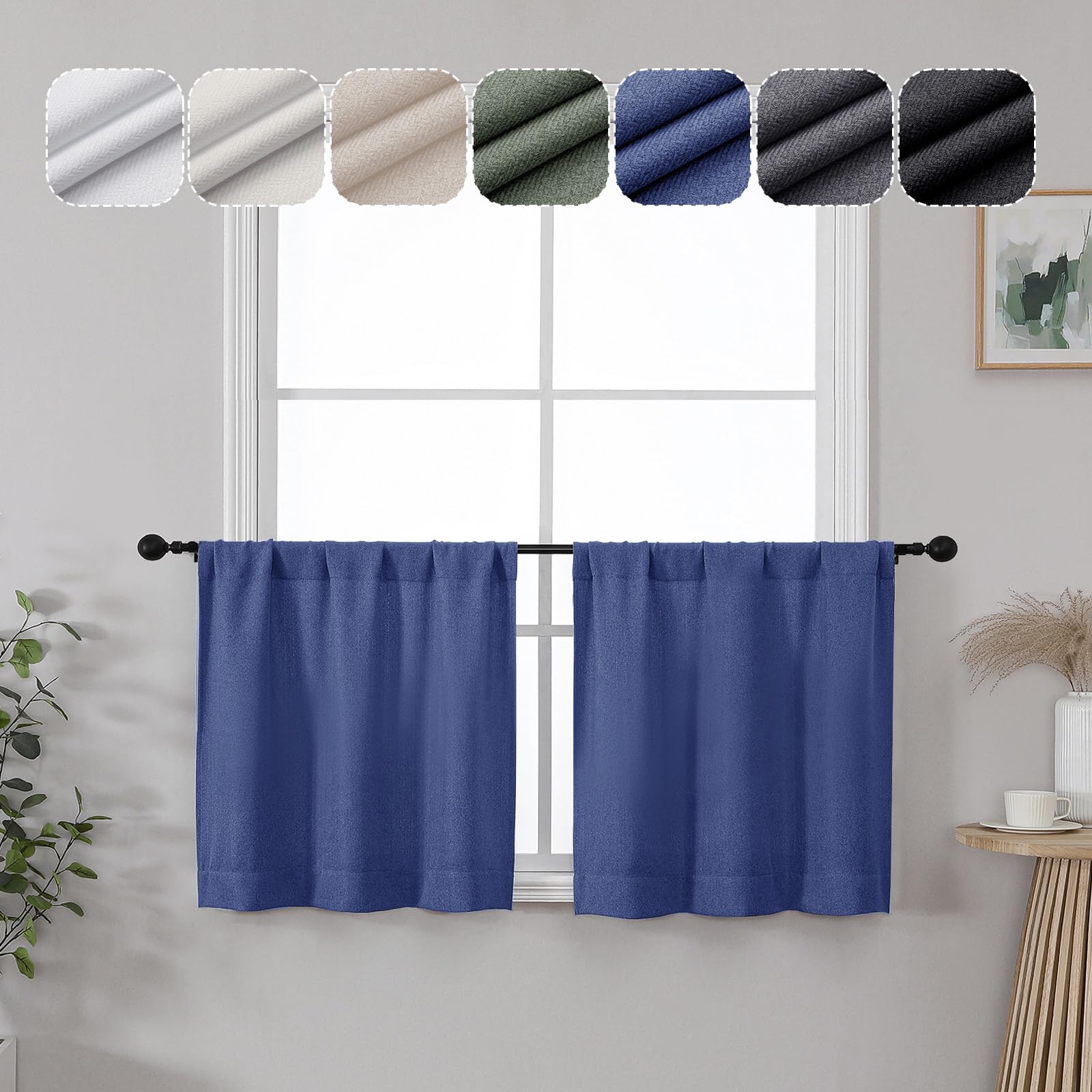 Photo 1 of *2 Pack* Lecloud Estelle Blue Light-Filtering Curtain Tiers, Kitchen Short Curtains 24 Inch Length, Soft Textured Curtains, Rod Pocket Window Treatments (Each 30 W x 24 L, 2 Panels Set, Blue)