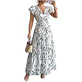 MakeMeChic Women's Summer Maxi Dress Short Sleeve Wrap Cross Front V Neck High Waist Casual Long Dresses
