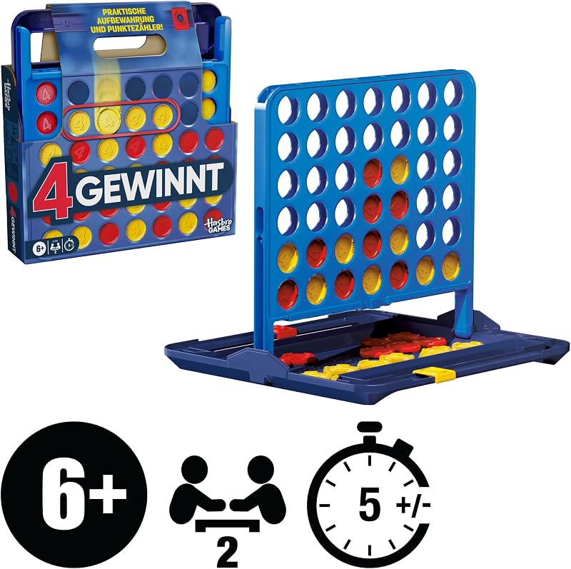 Offizielles Hasbro Games 4 gewinnt Spiel (2025 Edition) | praktische Aufbewahrung, Tragebox, Punktezähler | ab 6 Jahren | 2 Spieler | Familienspiel für Kinder - Deutsche Version
