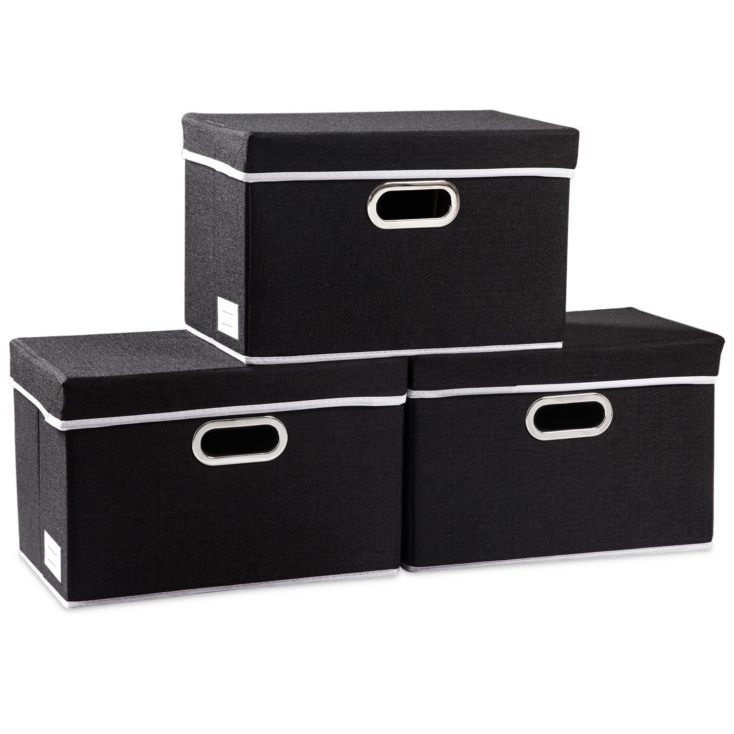 Storage Boxes with Lids,Collapsible Linen Fabric Storage Box,Decorative Bins,Really Useful Box,Clothing Storage,Stackable,38x25x25cm,Black[3-Pack]