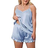 XAKALAKA Plus Size Satin Pajamas Set for Women V Neck Pjs Cami Top and Shorts Ruffle Silk Lingerie Nightwear