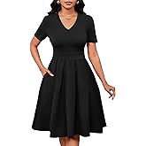 MarryUP Women Summer Short Sleeve Dress V Neck Semi Casual Fit and Flare Church Wedding Guest Work Dresses with Pockets