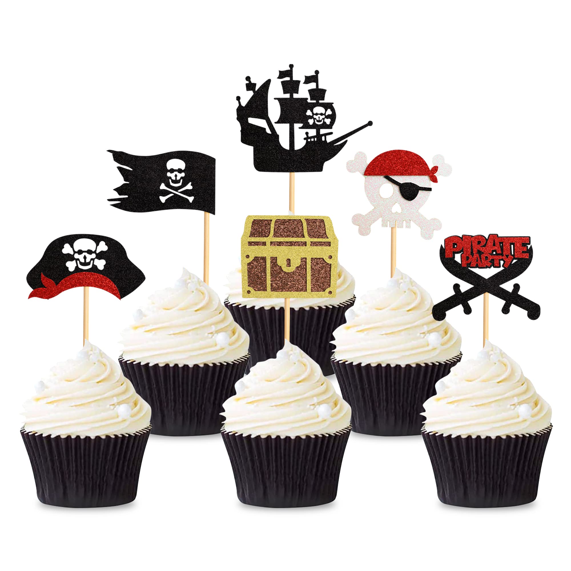 Blumomon 24Pcs Pirate Cupcake Toppers Skull Cap Flag Cupcake Picks Baby Shower Pirate Themed Kids Boys Girlls Birthday Party Cake Decorations Supplies