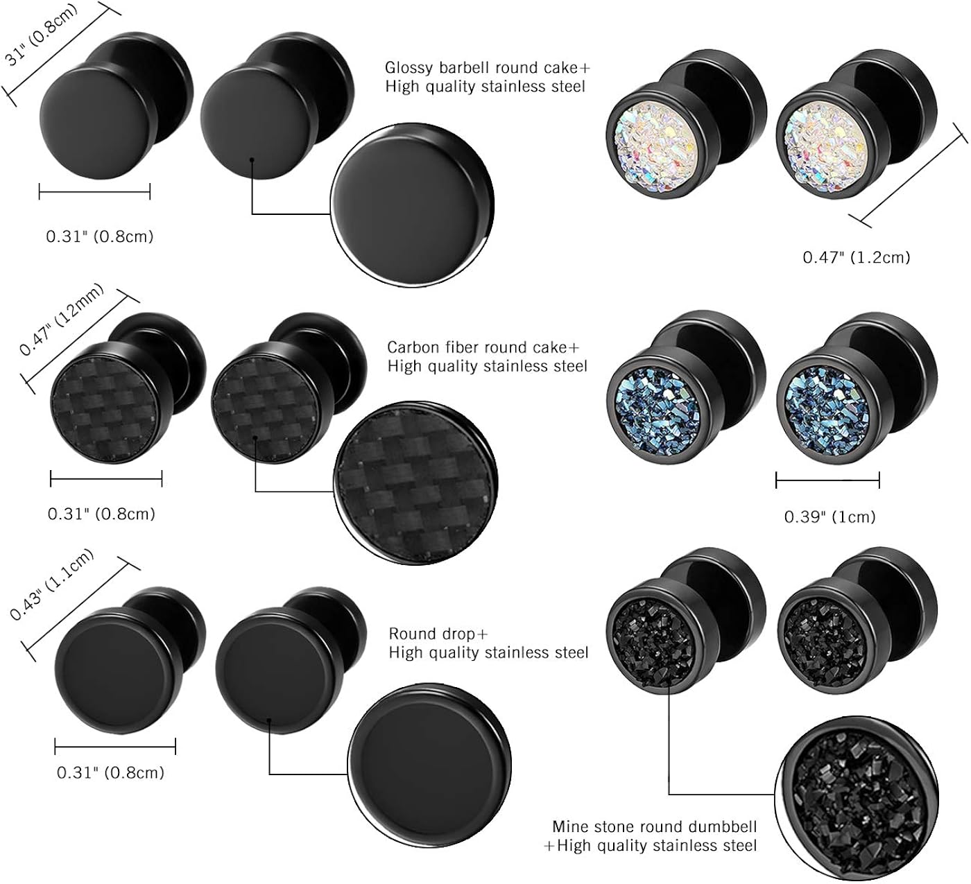 Aroncent Stud Earrings Set Wooden Dumbbell Ear Piercing Turquoise Ear Earrings Stainless Steel Earrings Classic Round Design Unisex 6 Pairs - Image 3