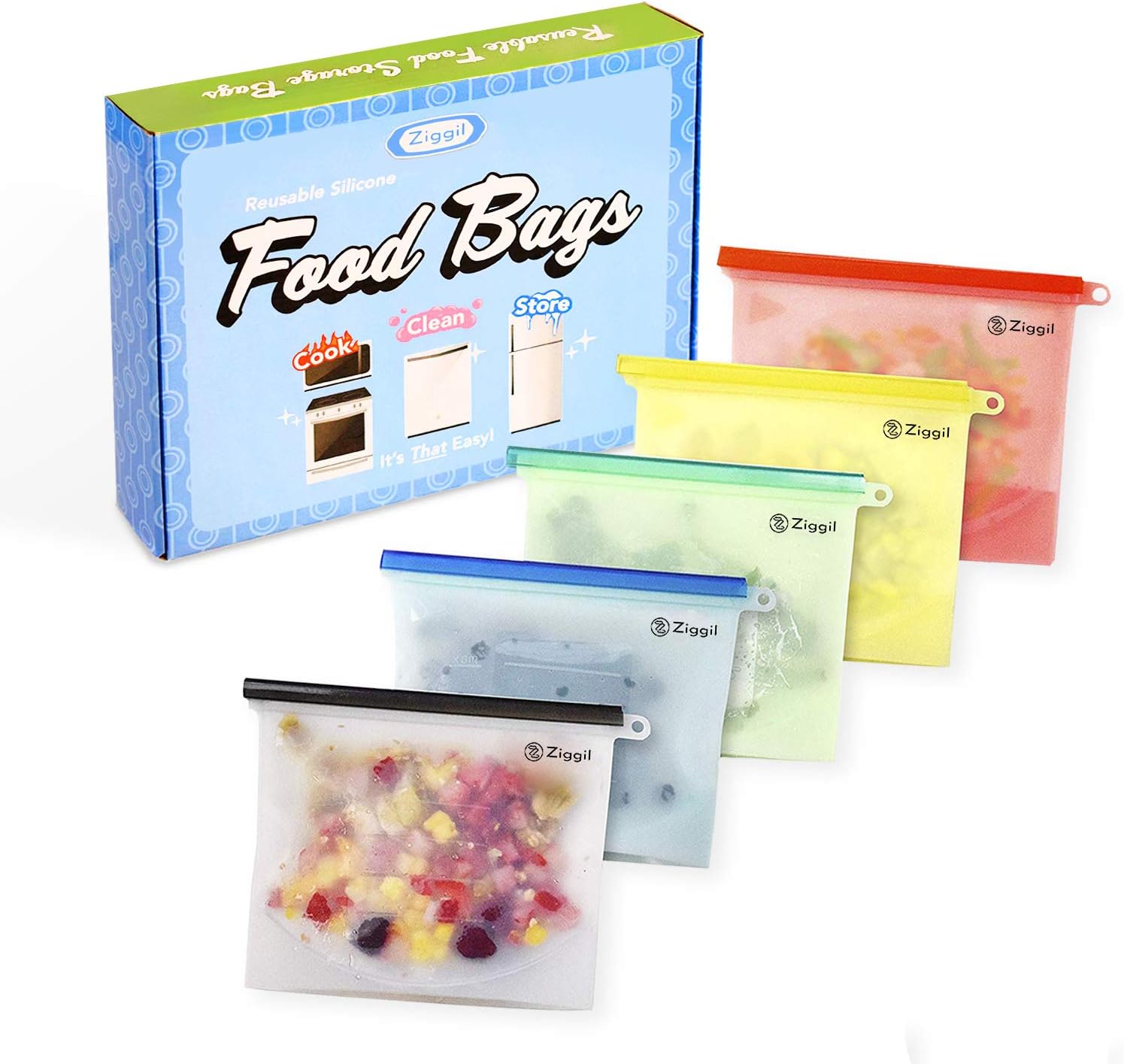 Reusable Silicone Food Storage Bag Set of 5 (30oz) - Versatile baggies for Sandwich Snack| Airtight Seal Leak Proof| Boil Cooking Sous Vide Steamer Reheat| Freezer Microwave Dishwasher Safe