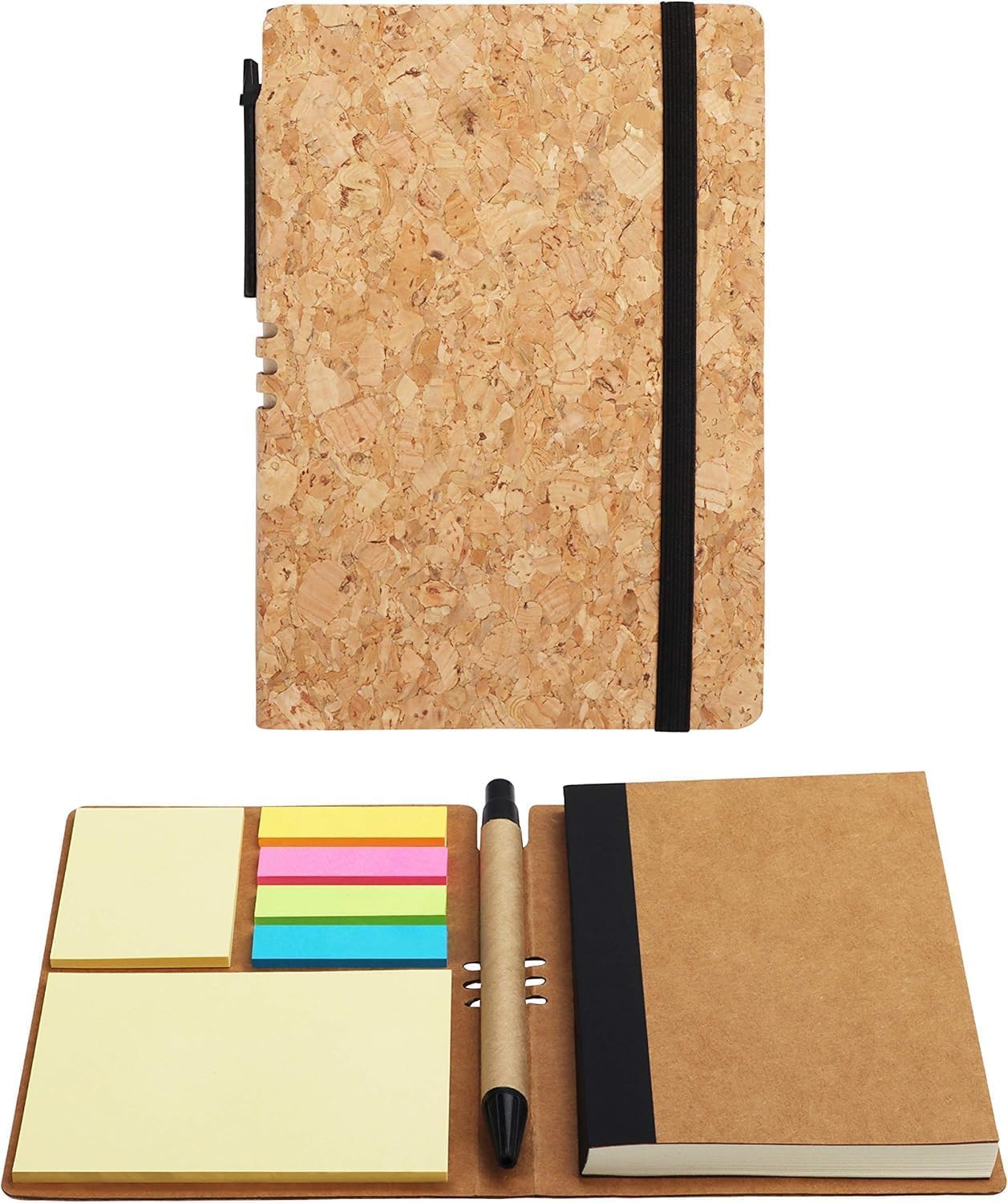 BELLE VOUS A6 Lined Paper Writing Notebook/Journal with Pen and Sticky Notes (2 Pack) - 10 x 14.5cm/3.93 x 5.7 inches - 70 Pages - Premium Notepad with Cork Style Cover