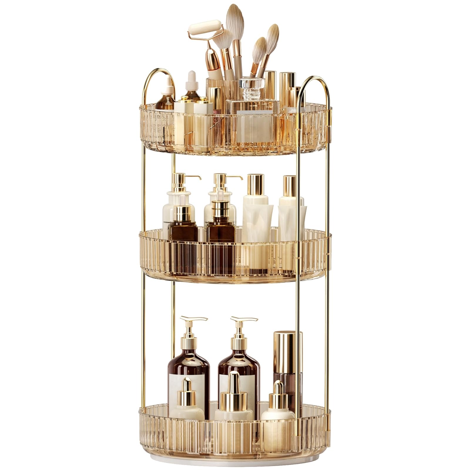 Photo 1 of 360° Rotating Makeup Organizer, Large-Capacity Skincare Make Up Storage 3 Tier Perfume Organizers Cosmetic Dresser Organizer with Makeup Brush Holder, Fits Bedroom, Bathroom, Vanity Shelf Countertop