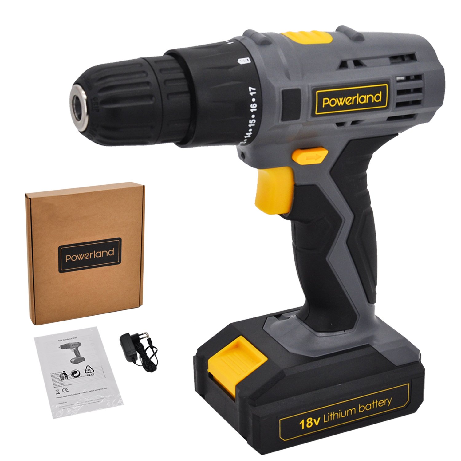 Powerland Perceuse visseuse sans fil TC-CD (Li-lon, 18V,,1 vitesses, Mandrin amovible monobloc (10 mm), Eclairage LED, Livré en coffret + chargeur rapide)