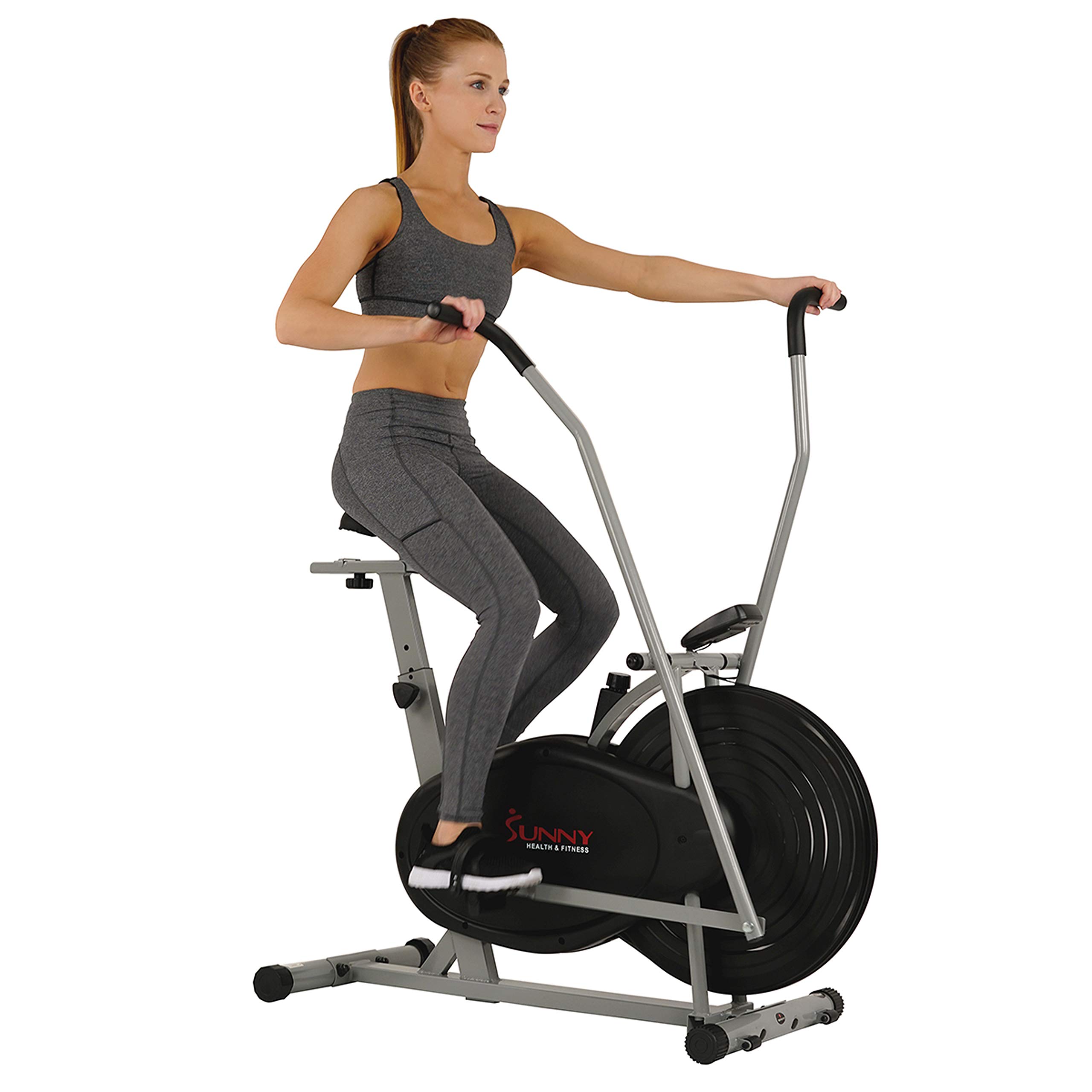 Sunny Health & Fitness Air Bike Fan Exercise Bike with Digital Monitor, Full Motion Arm Exercisers, and Adjustable Seat