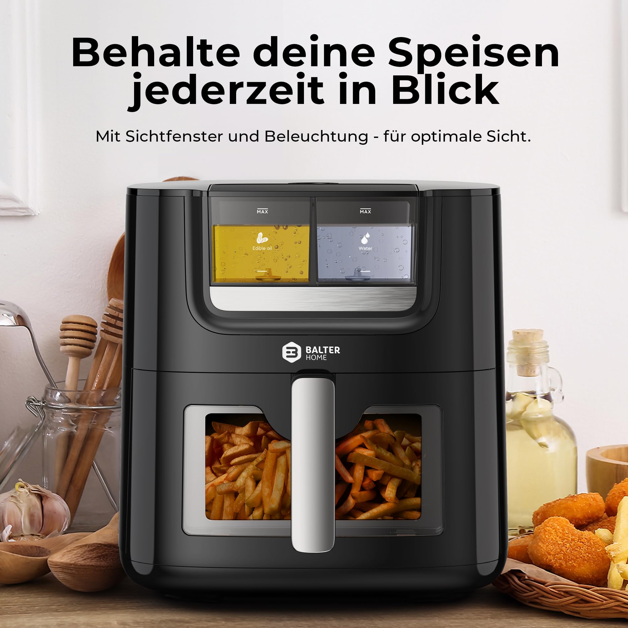 Balter Heißluftfritteuse Airfryer mit Öl- & Wasser-Spray Funktion für extra knusprige Speisen, 7,2L XXL, Heissluftfriteuse mit Sichtfenster, 10 Programme, Air Fryer, inkl. 100 Rezepte, HL-710 8