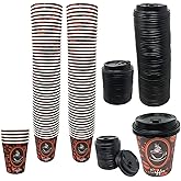 Tsyware Disposable Paper Coffee Cups with Lids, Perfect For Tea & Hot Drinks - 100 Pack (8 oz, Coffee Bean Design)