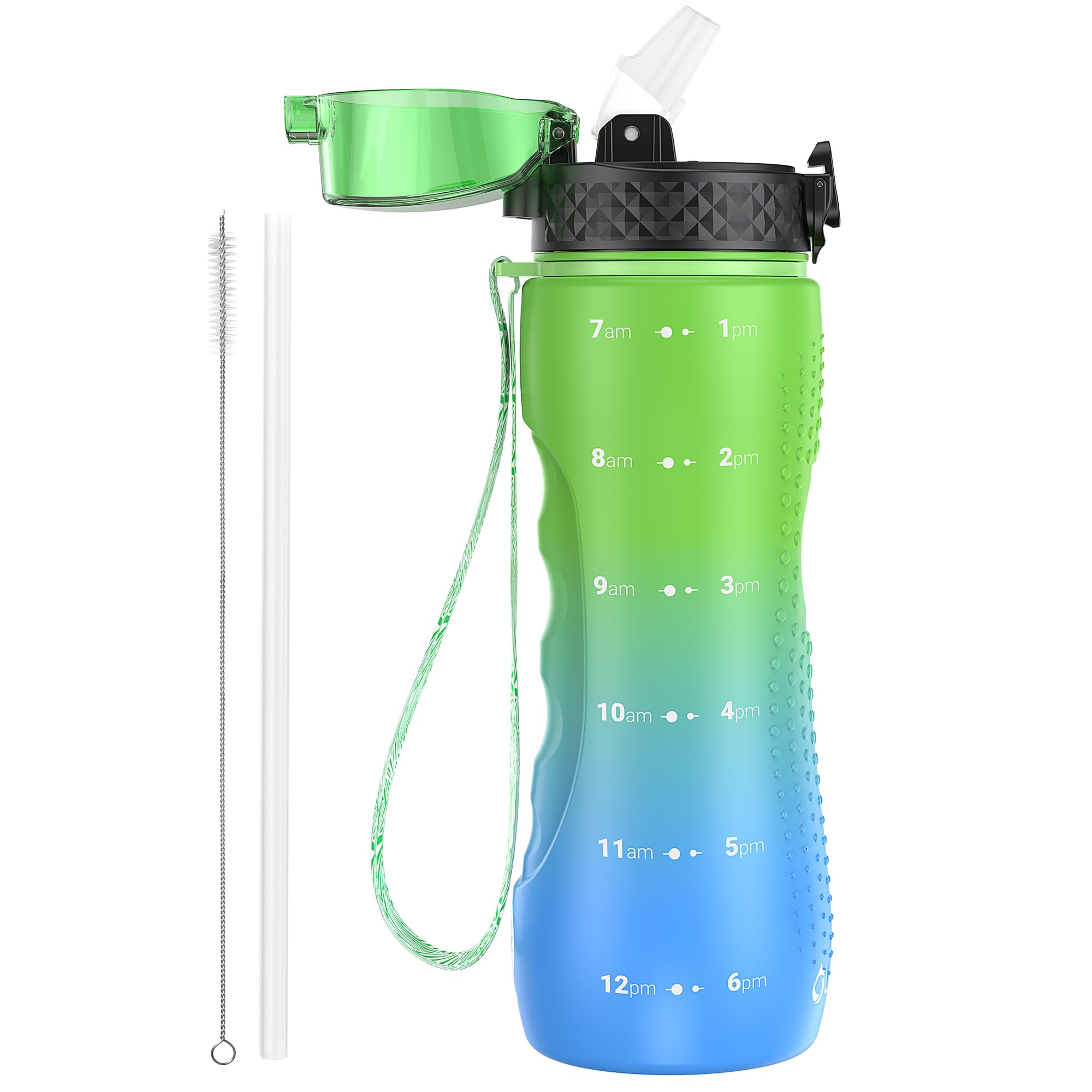 OLDLEY 750ml/25oz Water Bottles with Straw BPA Free Tritan Water Bottles for Gym School Sports Travel Leakproof Time Markings Drink Bottles Reusable Hydrate for Adult Kids Women Men(Green Blue, 1 Lid)