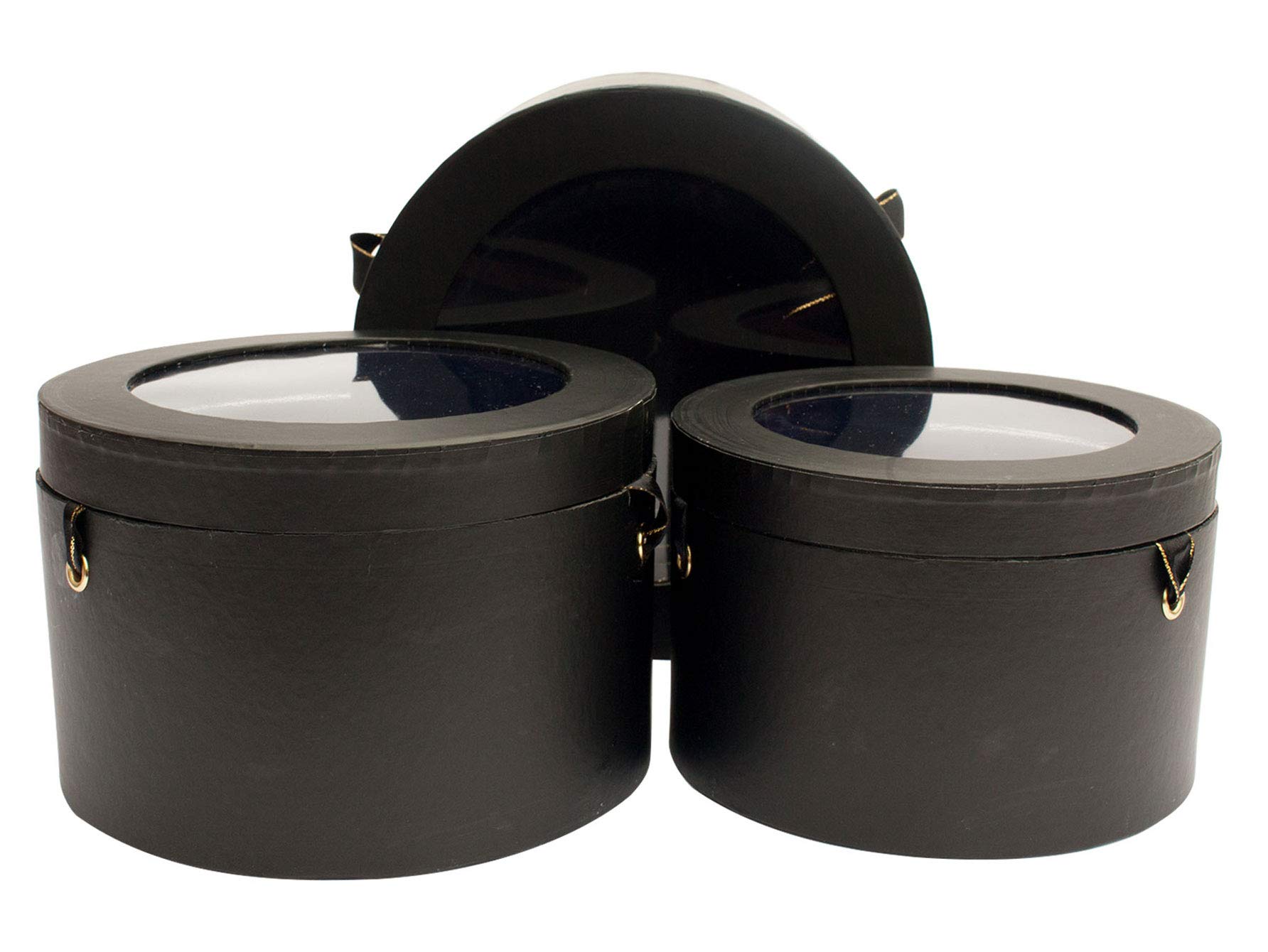Emartbuy Set of 3 Rigid Luxury Round Presentation Flower Gift Box, Black Print with Transparent Top, Double Layer Interior and Black and Gold Satin Ribbon Handles