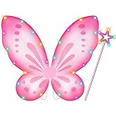 DUDUCOFU Girls Fairy Butterfly Wings with LED Light, Fairy Wings Light Up Star Wands for Girls Kids Women Halloween Dress Up (Pink)