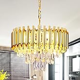 FRIXCHUR Gold Crystal Chandelier, 15.7" 3-Tier Raindrop Pendant Light, 5-Light E12 Modern Adjustable Ceiling Fixture for Dini