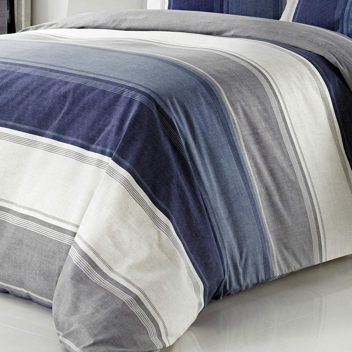 Fusion - Betley - Classic Wide Stripe Duvet Cover Set - Blue - King Bed Size, Blue, Denim, Grey - Image 5