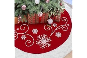 USILAND 48 Inches Christmas Tree Skirt, Luxury Red Velvet Tree Skirt with Snowflake Embroidery for Xmas Holiday Decor Home Decorations