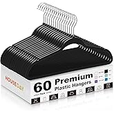 HOUSE DAY Black Plastic Hangers 60 Pack - Heavy Duty Non-Velvet Hangers with 360° Swivel Chrome Hook & Non Slip Notches - Slim Space Saving Clothes Hangers Ideal for Dresses Coats Shirts Jackets