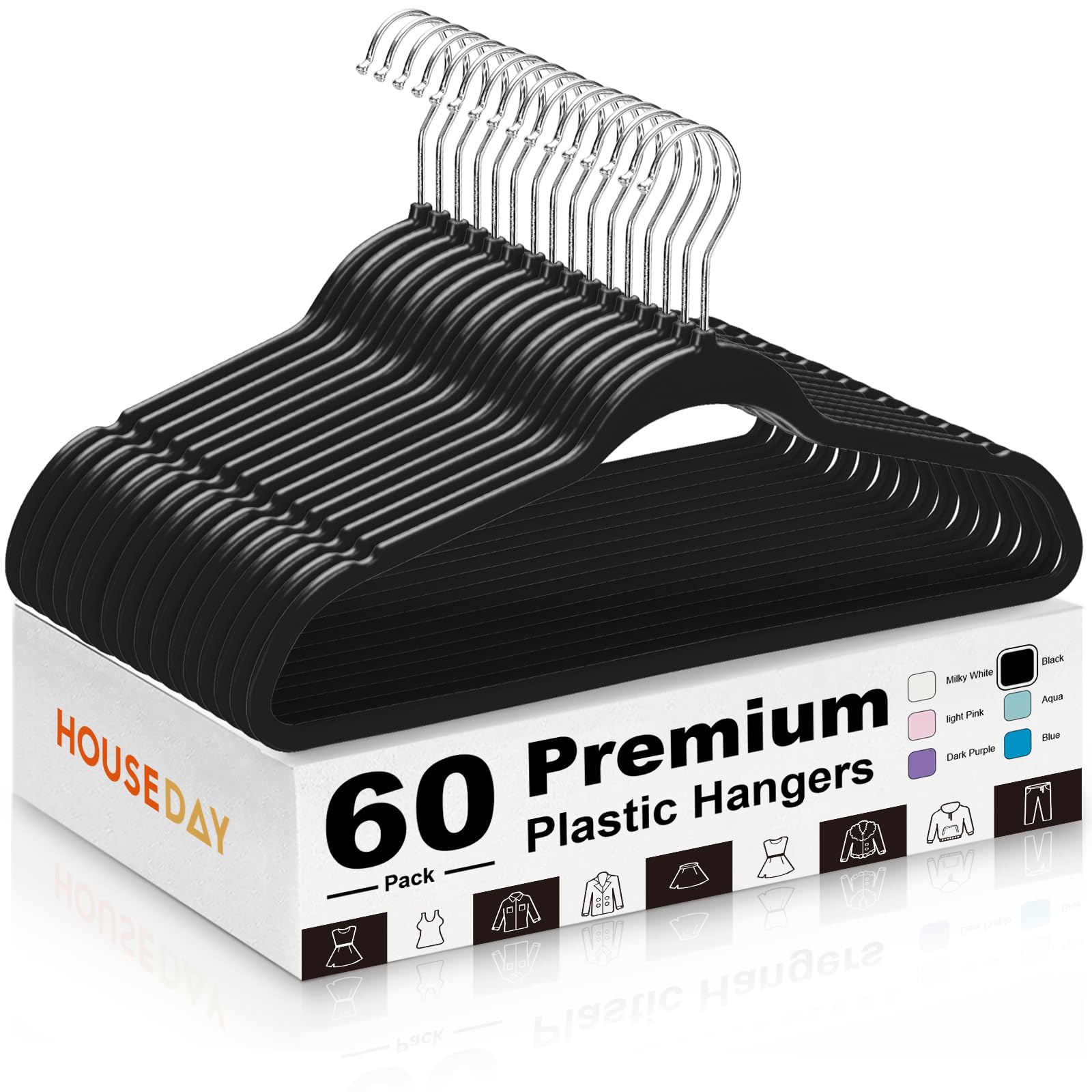 Photo 1 of HOUSE DAY Black Plastic Hangers 60 Pack - Heavy Duty Non-Velvet Hangers with 360° Swivel Chrome Hook & Non Slip Notches - Slim Space Saving Clothes Hangers Ideal for Dresses Coats Shirts Jackets