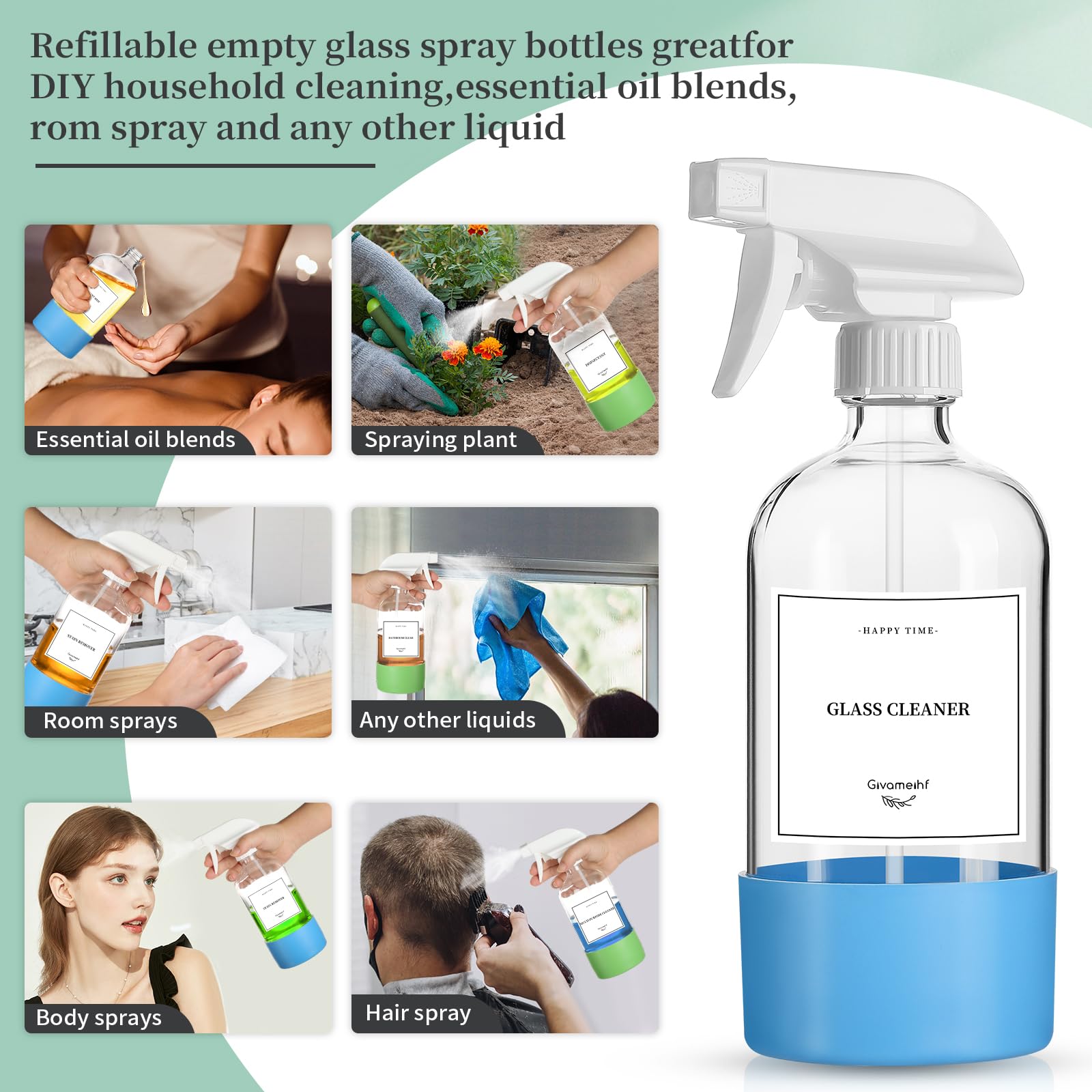 2 Pack Glass Spray Bottles with Silicone Sleeve,16oz Clear Glass Spray Bottles Refillable Empty Bottle with Adjustable Nozzle,Spray Bottle for Essential Oils,Cleaning Solutions,Pets,Hair
